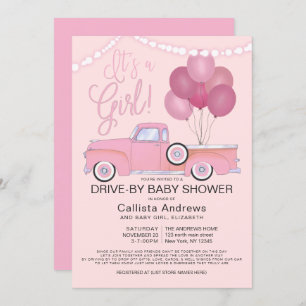 It's a Girl Truck Balloons Drive By Baby Shower Invitation