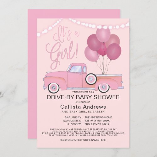 Its a Girl Truck Balloons Drive By Baby Shower Invitation