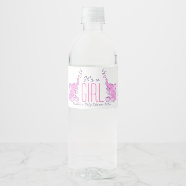 It's a girl two showering pink elephants water bottle label (Front)