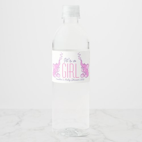 Its a girl two showering pink elephants water bottle label