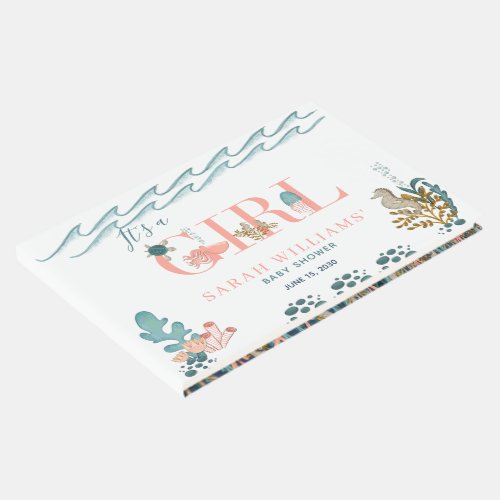 It's a Girl Under the Sea Coral Baby Shower Guest Book - Designed to coordinate with our bestselling Under the Sea baby shower invitation suite, this beautiful baby shower guestbook features a hand painted watercolor sea creatures decorating the letters of the words, (with 'Girl' in a beautiful coral color,) hand lettered script typography, and matching decorative elements. The back features an under the sea scene of ocean animals. Copyright Elegant Invites, all rights reserved.