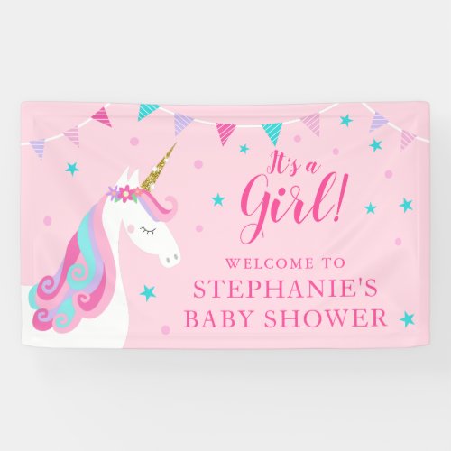 Its A Girl Unicorn Baby Shower Pink Banner
