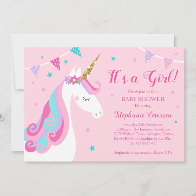 It's A Girl Unicorn Baby Shower Pink Invitation (Front)