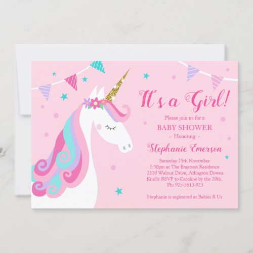 Its A Girl Unicorn Baby Shower Pink Invitation
