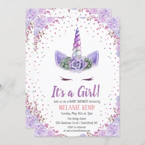 Its a Girl Unicorn Floral Baby Shower Invitation