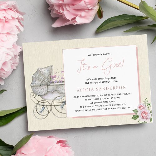 Its a girl vintage carriage and roses baby shower invitation