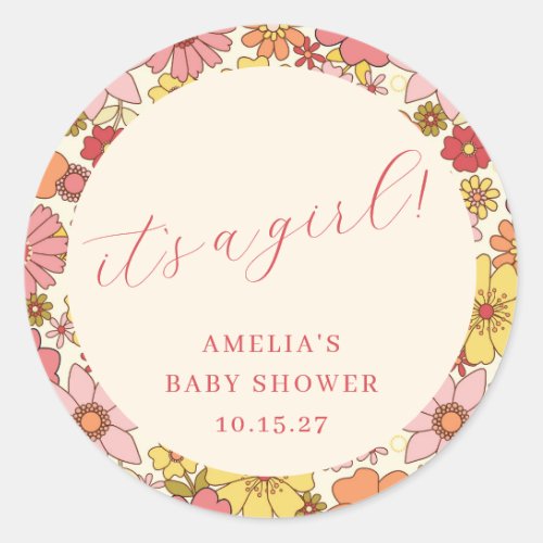 Its a Girl Vintage Pink Floral Baby Shower Custom Classic Round Sticker