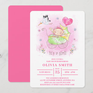 It's a Girl Watercolor Baby Girl In The Stroller  Invitation