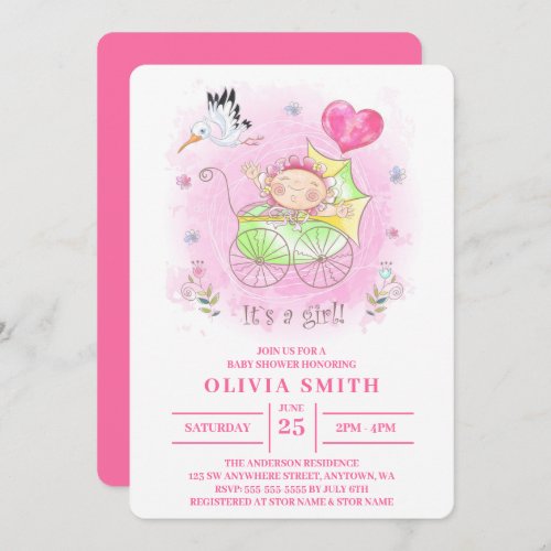 Its a Girl Watercolor Baby Girl In The Stroller  Invitation