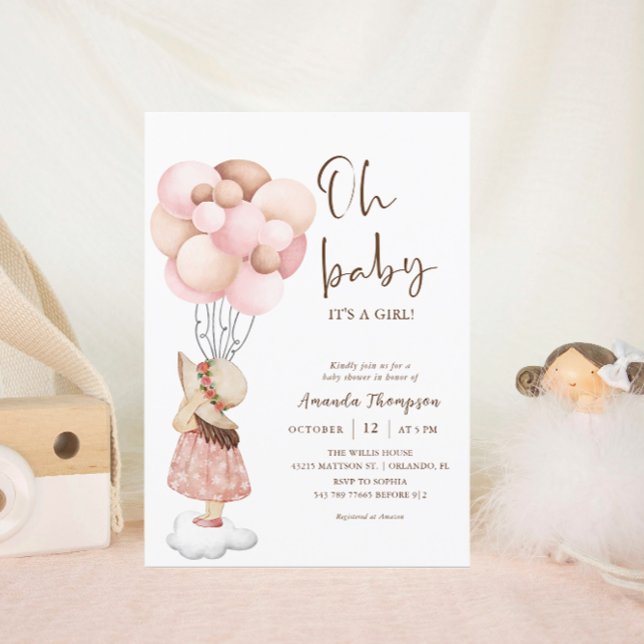 Its a Girl Watercolor Baby Shower Flying Balloon Invitation (Creator Uploaded)