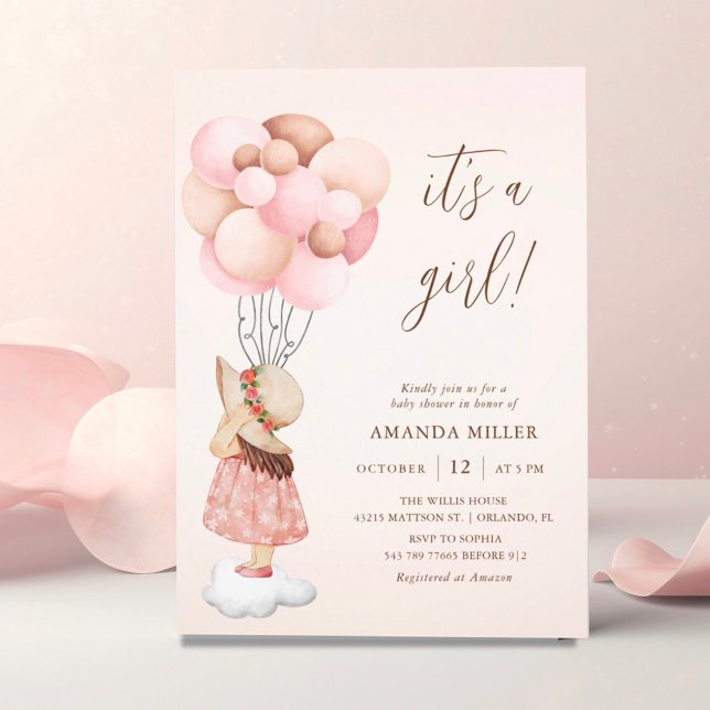 Its a Girl Watercolor Baby Shower & Flying Balloon Invitation (Creator Uploaded)