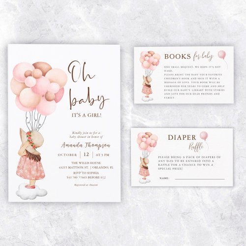 Its a Girl Watercolor Baby Shower Flying Balloon Invitation