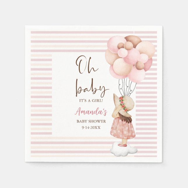 Its a girl Watercolor Baby Shower Flying Balloons Napkins (Front)