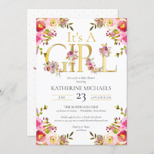 Its A Girl Watercolor Blooms Floral Baby Shower In Invitation