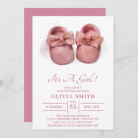 It's a Girl Watercolor Cute Baby Shoes Baby Shower Invitation