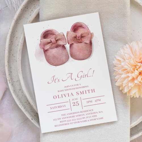 Its a Girl Watercolor Cute Baby Shoes Baby Shower Invitation