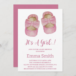 It's a Girl Watercolor Cute Baby Shoes Baby Shower Invitation