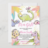 It's a Girl Watercolor Dinosaur Baby Shower  Invitation