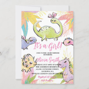 It's a Girl Watercolor Dinosaur Baby Shower Invitation