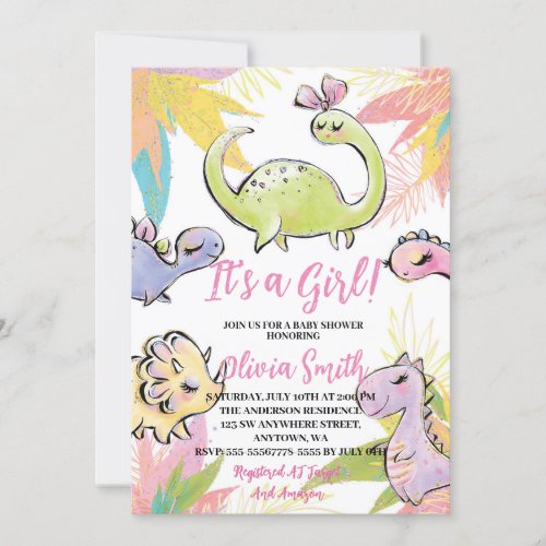 Its a Girl Watercolor Dinosaur Baby Shower  Invitation