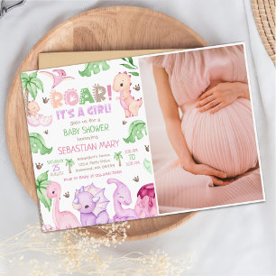 It's a Girl Watercolor Dinosaur Baby Shower Photo Invitation