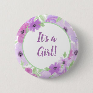 It's a Girl! Watercolor Floral Baby Shower Button