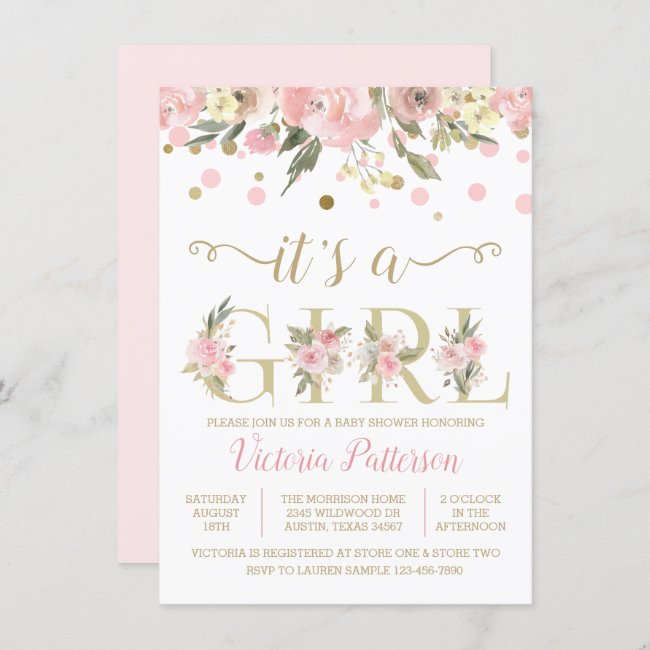 Its A Girl Watercolor Floral Baby Shower Invitation