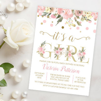 Its A Girl Watercolor Floral Baby Shower Invitation