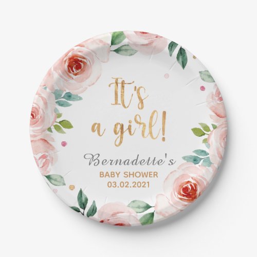 Its a Girl Watercolor Floral Baby Shower Paper Plates