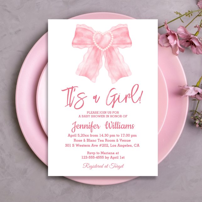 it's a girl watercolor pink bow baby shower   invitation (Creator Uploaded)