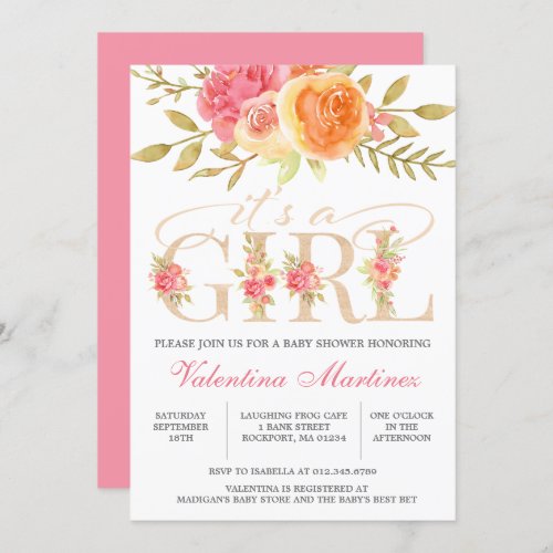 Its a Girl Watercolor Pink Floral Baby Shower Invitation