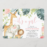 It's a Girl watercolor safari animals baby shower Invitation