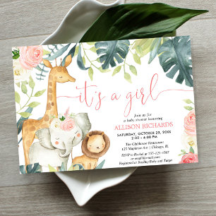 It's a Girl watercolor safari animals baby shower Invitation
