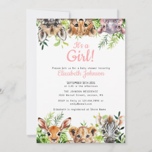 It's A Girl Watercolor Safari Animals Baby Shower Invitation