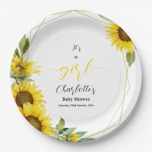 It's a Girl! Watercolor Sunflower Baby Shower Paper Plates
