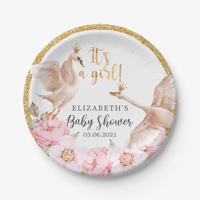 It's a Girl! Watercolor Swans Baby Shower  Paper Plates (Front)