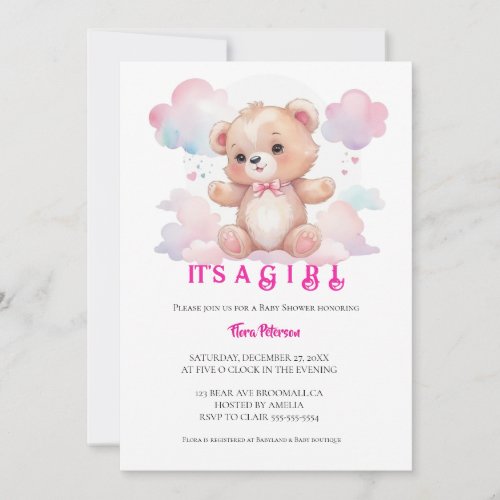 Its a girl watercolor woodland baby bear shower  invitation