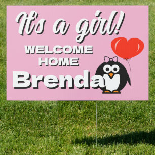It's a girl Welcome Home baby cute penguin yard Sign