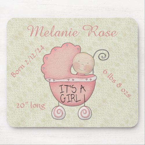 Its a girl Whimsical Pink Baby Carriage   Mouse Pad