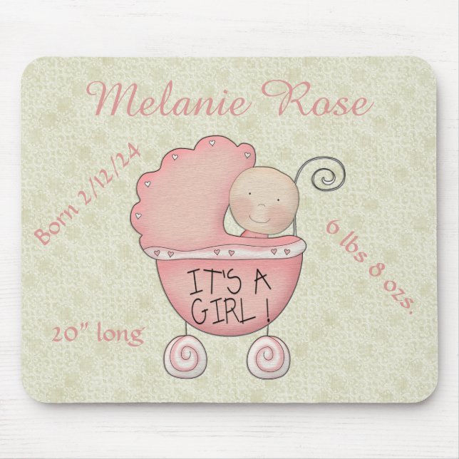 It's a girl! Whimsical Pink Baby Carriage   Mouse Pad (Front)