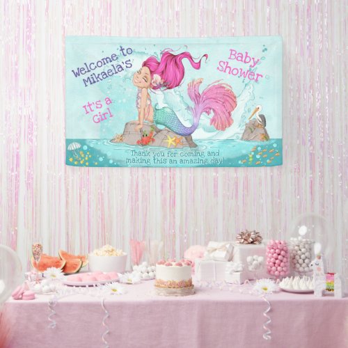 Its a Girl Whimsical Pink Mermaid Baby Shower Bann Banner