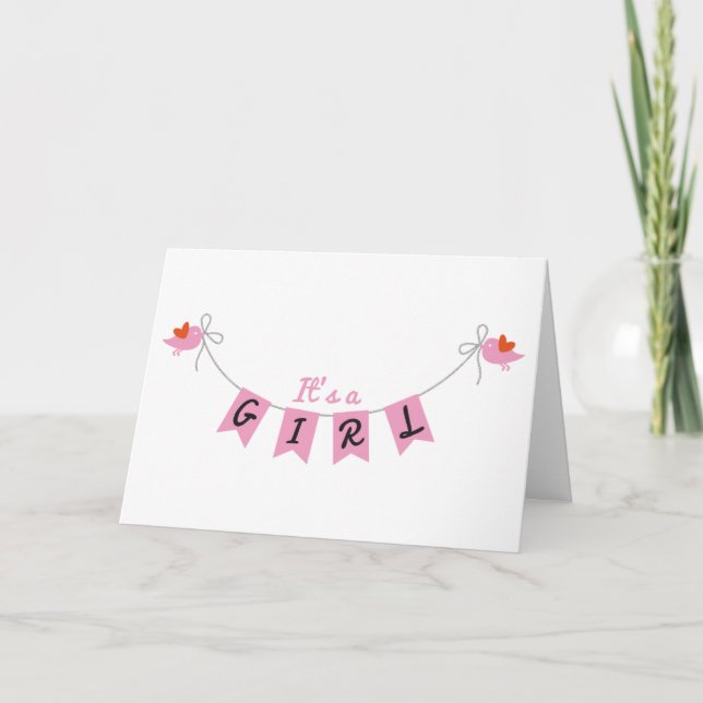 it's a girl with bird and pink bunting flags announcement (Front)