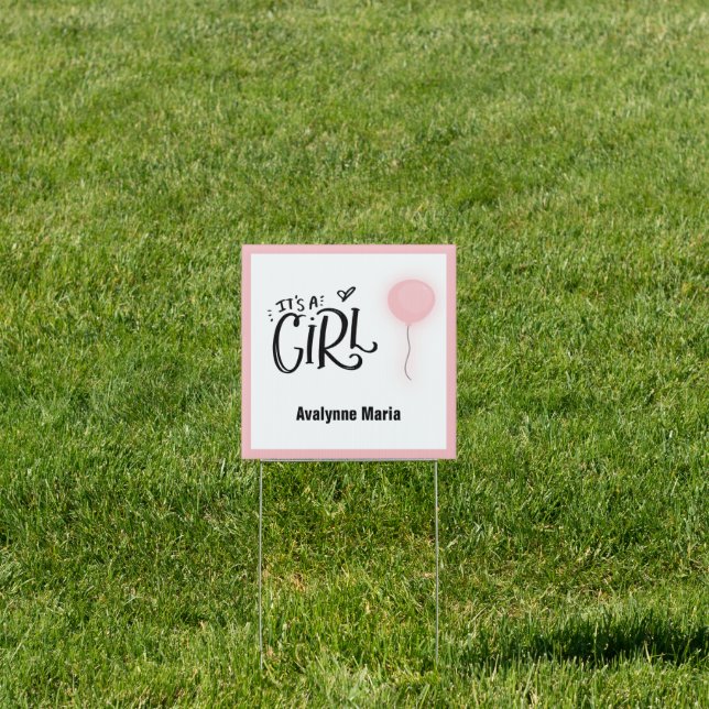 It's A Girl with Pink Balloon Custom Baby Name Sign (Insitu)