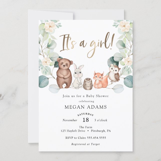 It's a Girl Woodland Animal Eucalyptus Baby Shower Invitation (Front)