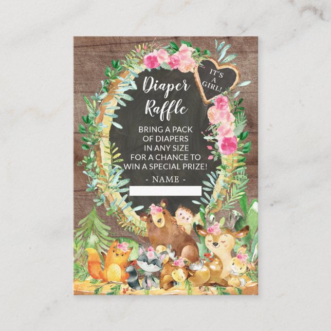 It's A Girl Woodland Baby Shower Diaper Raffle Enclosure Card (Front)