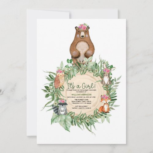 ITS A GIRL WOODLAND BABY SHOWER INVITATION