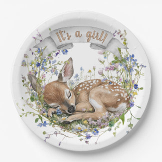 It's a girl Woodland Baby Shower Paper Plate