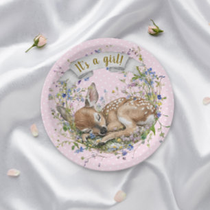 It's a girl Woodland Baby Shower Paper Plate