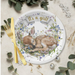 It's a girl Woodland Baby Shower Paper Plate