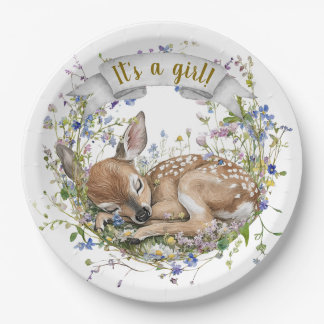 It's a girl Woodland Baby Shower Paper Plate